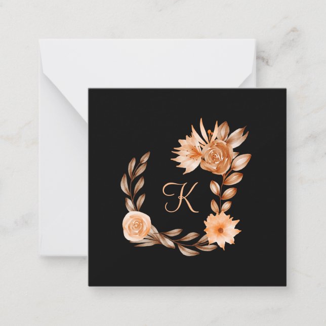 Monogrammed Black Brown and Peach Floral  Note Card (Front)