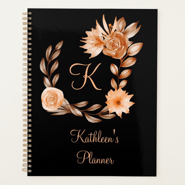 Monogrammed Black Brown and Peach Floral Planner (Front)