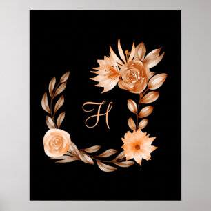 Monogrammed Black Brown and Peach Floral  Poster