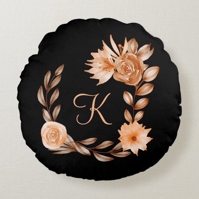 Monogrammed Black Brown and Peach Floral  Round Pillow (Front)