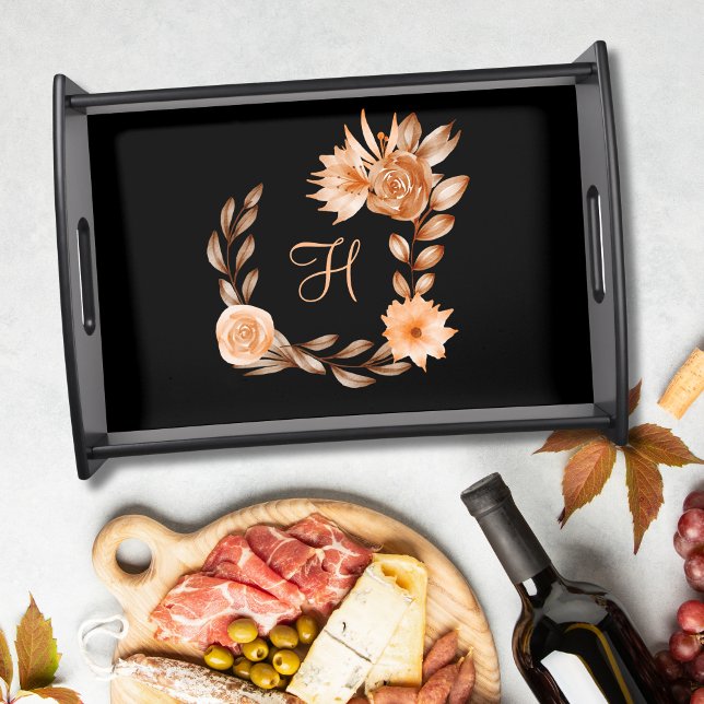 Monogrammed Black Brown and Peach Floral  Serving Tray (Peach Brown Watercolor Floral On Black Serving Tray. Bridal Shower and Wedding Gift.)