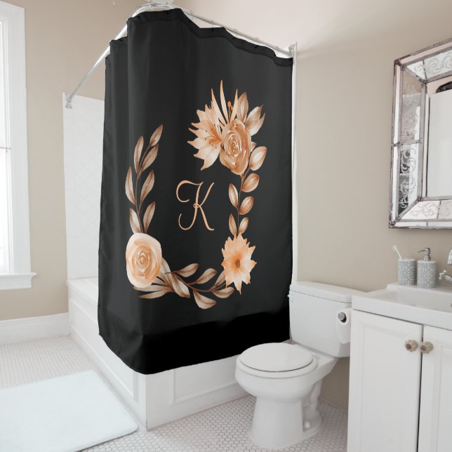 Monogrammed Black Brown and Peach Floral  Shower Curtain (In Situ)