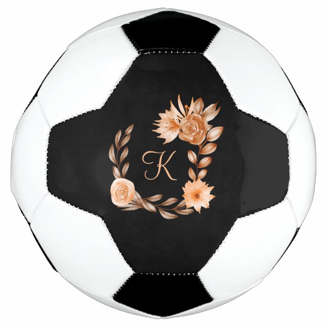 Monogrammed Black Brown and Peach Floral Soccer Ball (Front)