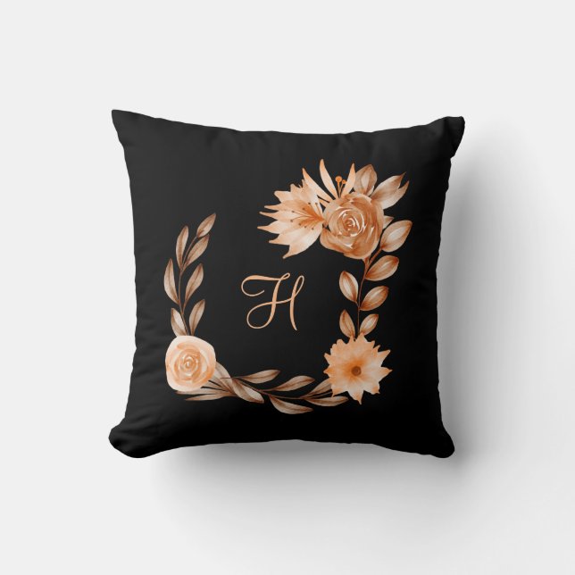 Monogrammed Black Brown and Peach Floral Throw Pillow (Front)