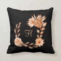 Monogrammed Black Brown and Peach Floral Throw Pillow