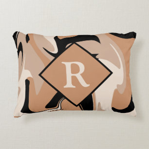 Monogrammed Black Brown Cream Marble Swirl Pattern Accent Pillow