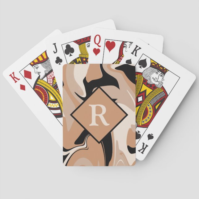 Monogrammed Black Brown Cream Marble Swirl Pattern Poker Cards (Back)