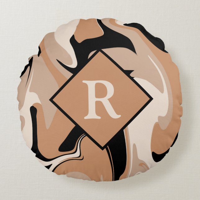 Monogrammed Black Brown Cream Marble Swirl Pattern Round Pillow (Front)