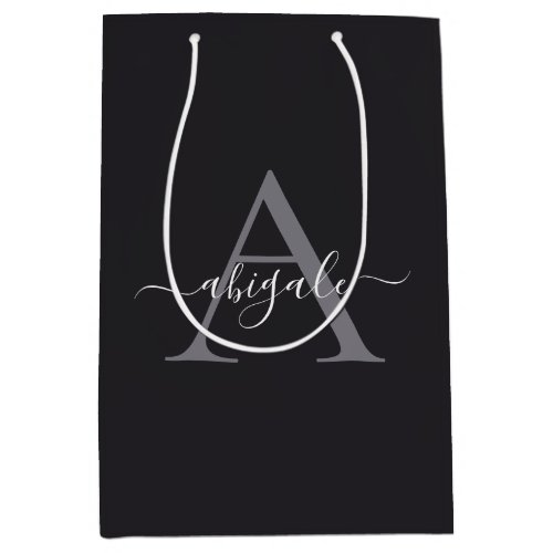 Monogrammed Black Charcoal Grey  Minimal Elegant Medium Gift Bag