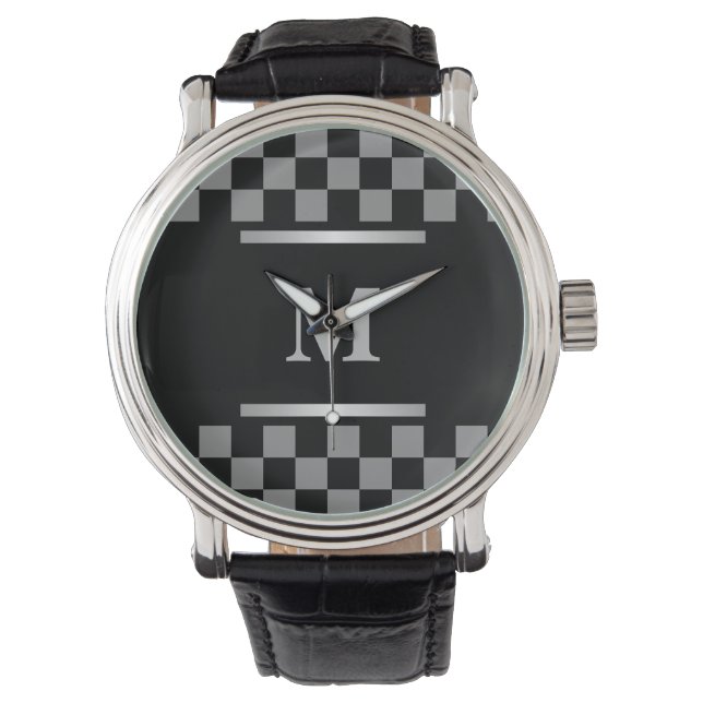 Monogrammed Black Checkered  Watch (Front)