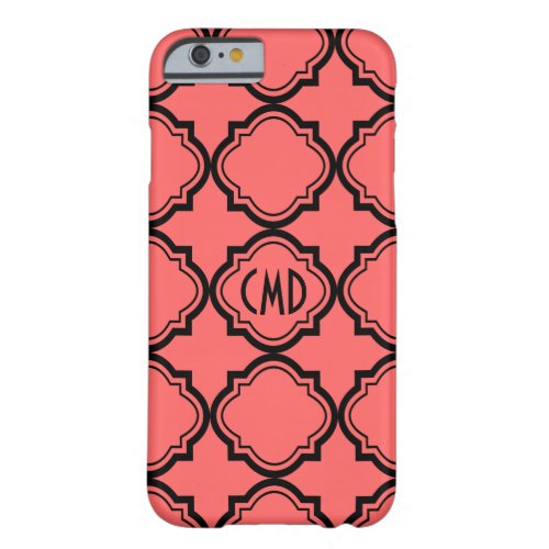 Monogrammed Black  Coral_Red Quatrefoil Pattern Barely There iPhone 6 Case