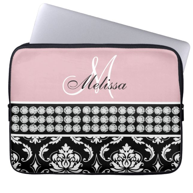 Monogrammed Black Damask Printed Diamonds Pink Laptop Sleeve (Front)
