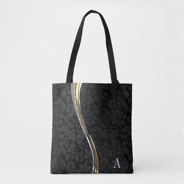 Monogrammed Black Damask Wave Stripes Tote Bag (Front)