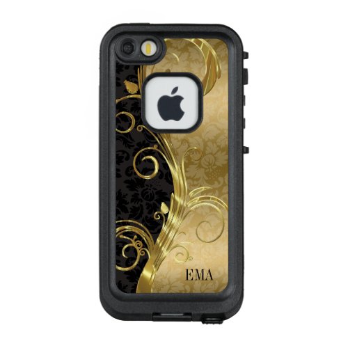 Monogrammed Black Damasks Gold Swirls LifeProof FRĒ iPhone SE55s Case