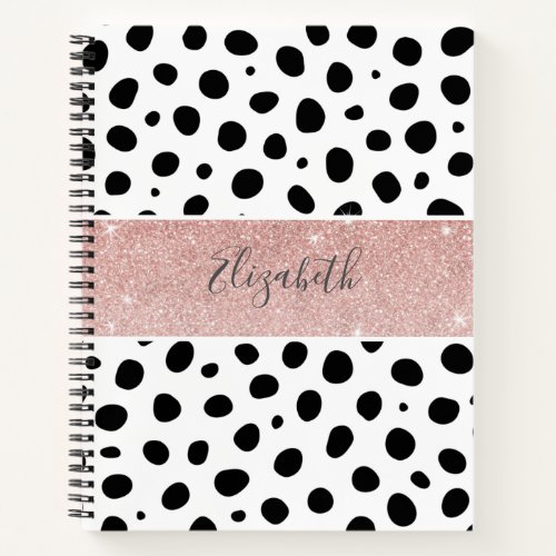 Monogrammed Black Dots Rose Gold Glitter Notebook