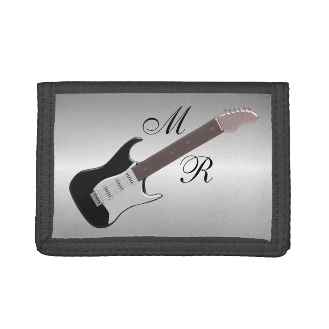 Monogrammed Black Electric Guitar Tri-fold Wallet (Front)