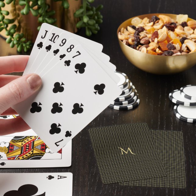Monogrammed Black Faux Gold Checkered Poker Poker Cards (In Situ)