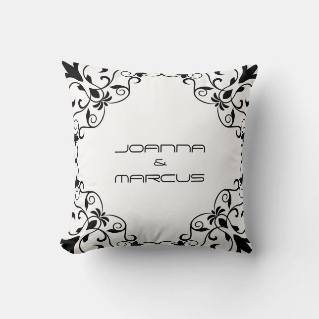 Monogrammed Black Floral Frame Throw Pillow (Front)