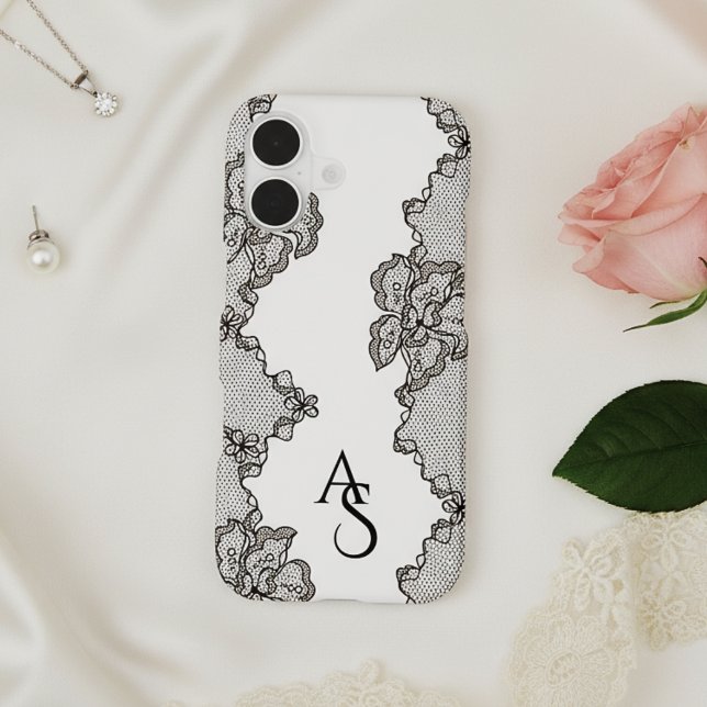 Monogrammed Black Floral Lace  iPhone Case (Creator Uploaded)