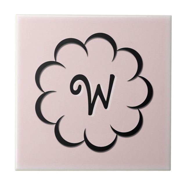 Monogrammed Black Flower on Light Dusty Rose Tile (Front)