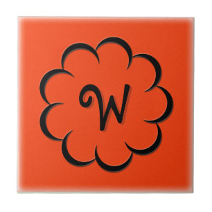 Monogrammed Black Flower on Tango Orange Tile