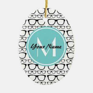 Monogrammed Black Glasses Aqua Personalized Name Ceramic Ornament