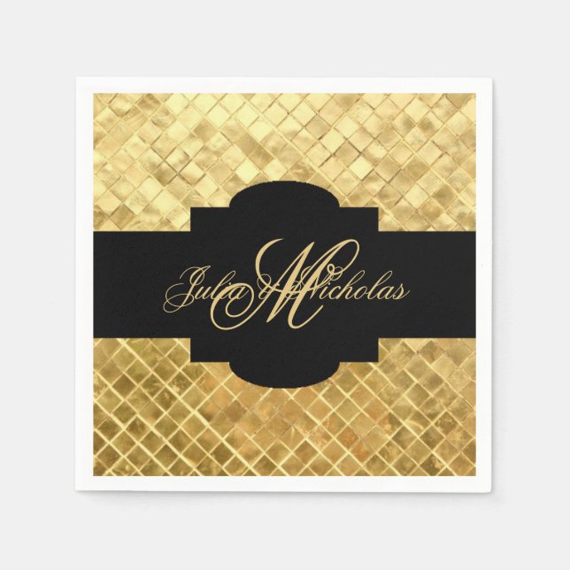 Monogrammed Black & Gold 50th Anniversary Napkins (Front)