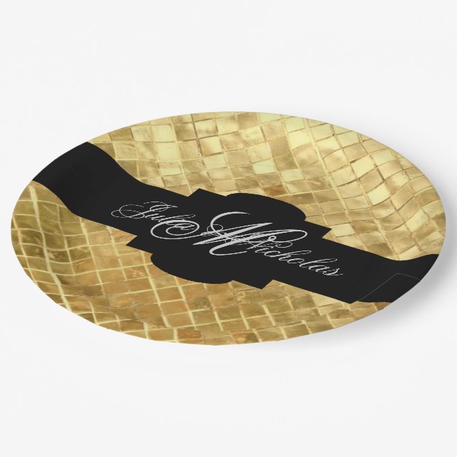 Monogrammed Black & Gold 50th Anniversary Paper Plates (Angled)