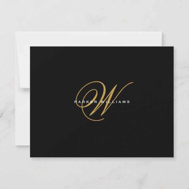 Monogrammed Black & Gold Flat Thank You Card (Front)