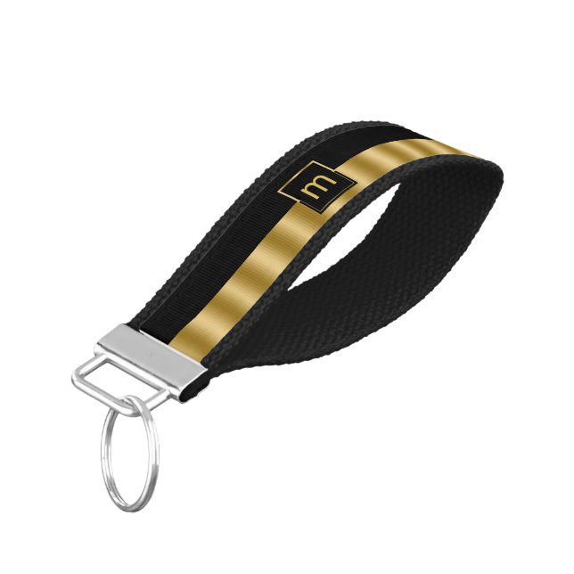 Monogrammed Black & Gold Modern Design Wrist Keychain (Angled Down)