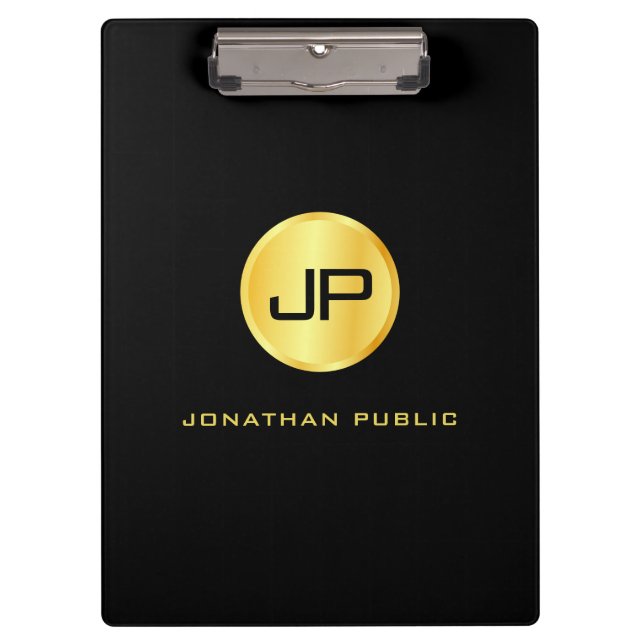 Monogrammed Black Gold Modern Elegant Template Clipboard (Front)