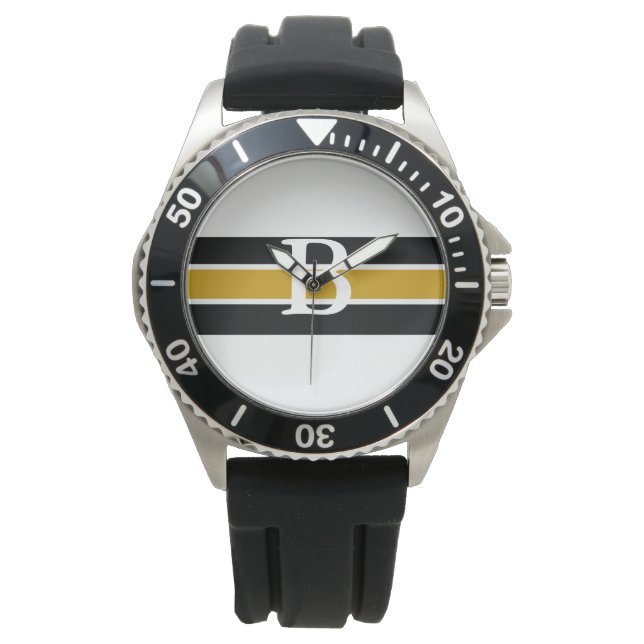 Monogrammed Black & Gold Striped Watch (Front)