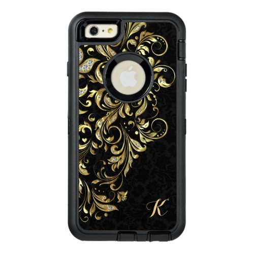 Monogrammed Black Gold  White Glitter Floral Lace OtterBox Defender iPhone Case