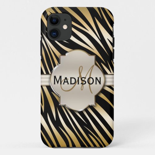 Monogrammed Black Gold Zebra Print Pattern iPhone 11 Case