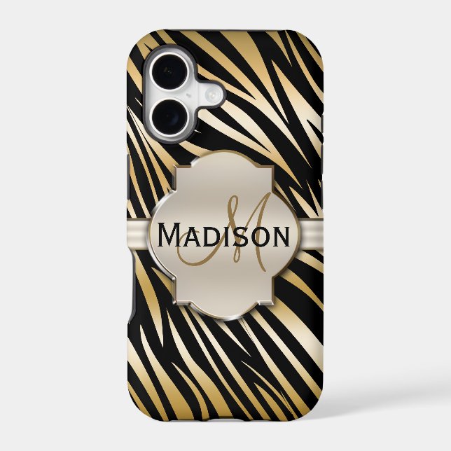 Monogrammed Black Gold Zebra Print Pattern Iphone Case (Back)