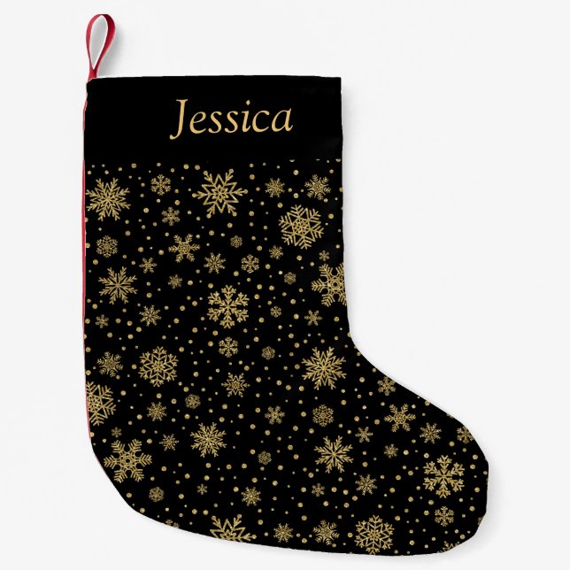 Monogrammed Black Golden Snowflakes Small Christmas Stocking (Front)