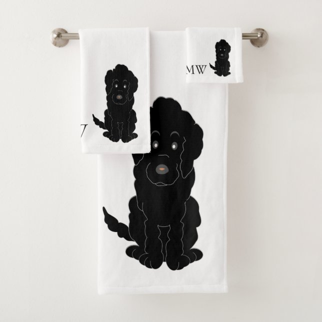 Monogrammed Black Goldendoodle Dog Design Bath Towel Set (Insitu)
