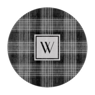 Monogrammed Black & Gray Checkered Plaid Pattern Cutting Board