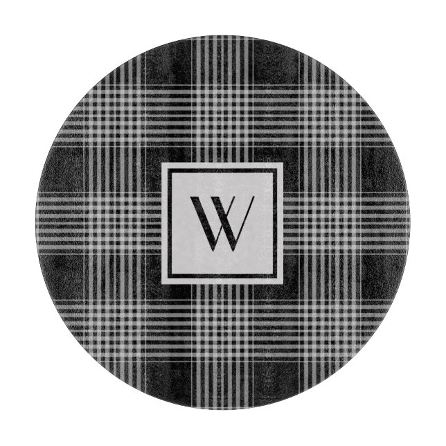 Monogrammed Black & Gray Checkered Plaid Pattern Cutting Board (Front)