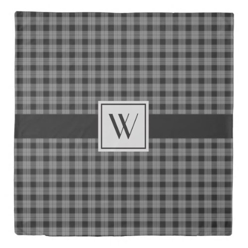 Monogrammed Black  Gray Checkered Plaid Pattern Duvet Cover