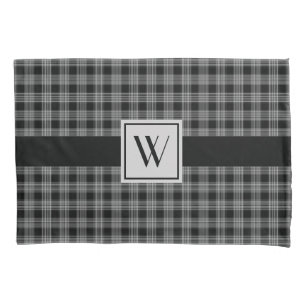Monogrammed Black & Gray Checkered Plaid Pattern Pillow Case