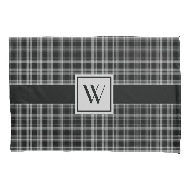 Monogrammed Black & Gray Checkered Plaid Pattern Pillow Case (Front)