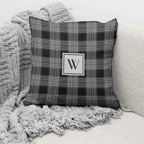 Monogrammed Black  Gray Checkered Plaid Pattern Throw Pillow