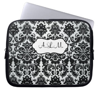 Monogrammed Black, Gray Damask Laptop Sleeve