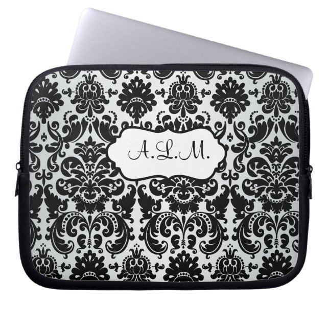 Monogrammed Black, Gray Damask Laptop Sleeve (Front)