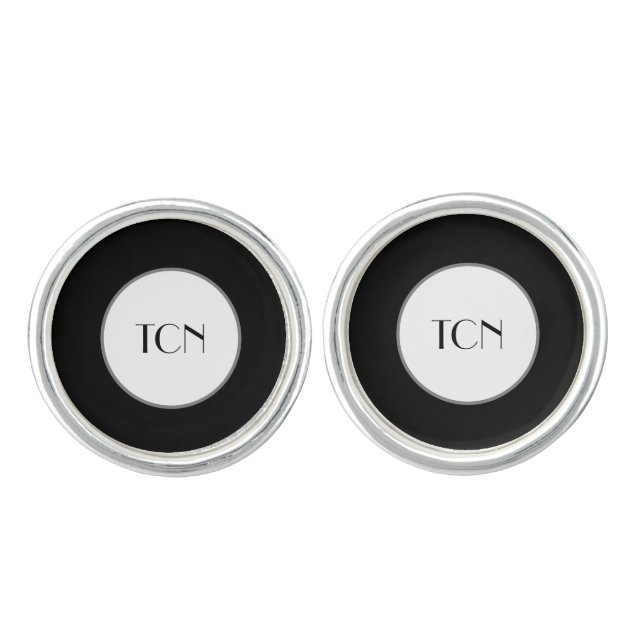 Monogrammed Black Gray White Formal Classic Men's Cufflinks (Front)