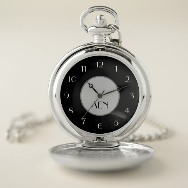 Monogrammed Black Gray White Minimalist Trendy  Pocket Watch (Inside)