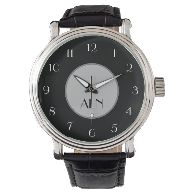Monogrammed Black Gray White Minimalist Trendy Watch (Front)