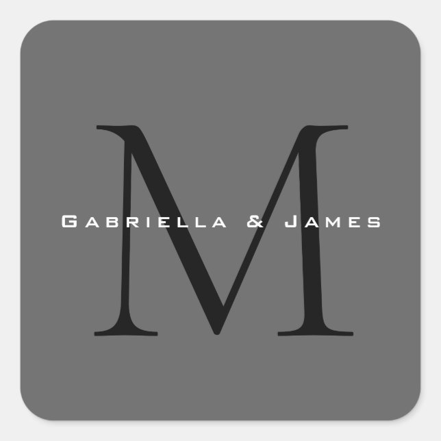 Monogrammed Black Grey Calligraphy Square Sticker (Front)