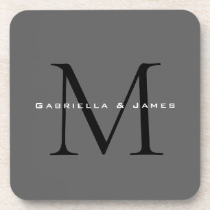 Monogrammed Black Grey Calligraphy Wedding Beverage Coaster